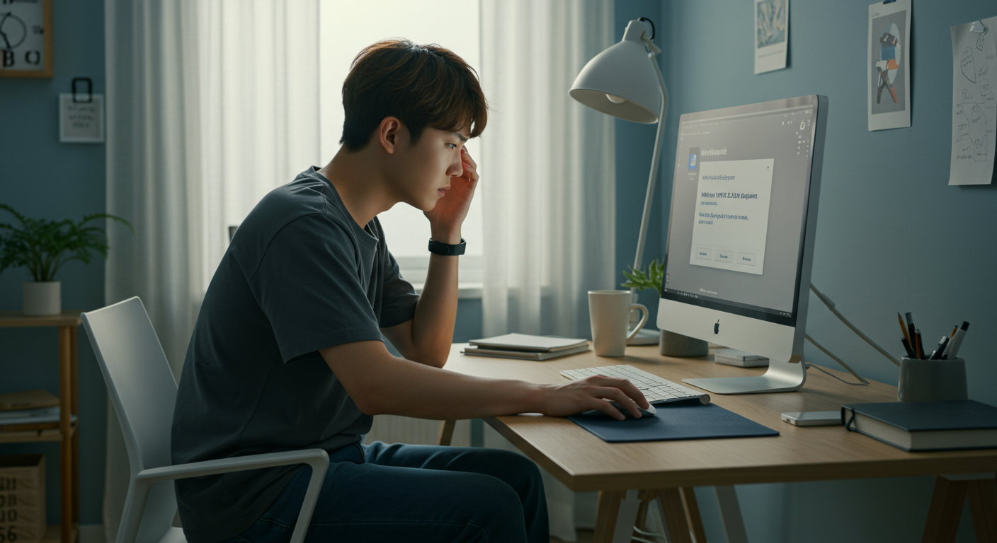 한국 남성이 컴퓨터 앞에서 TPM 2.0 문제로 좌절하는 모습