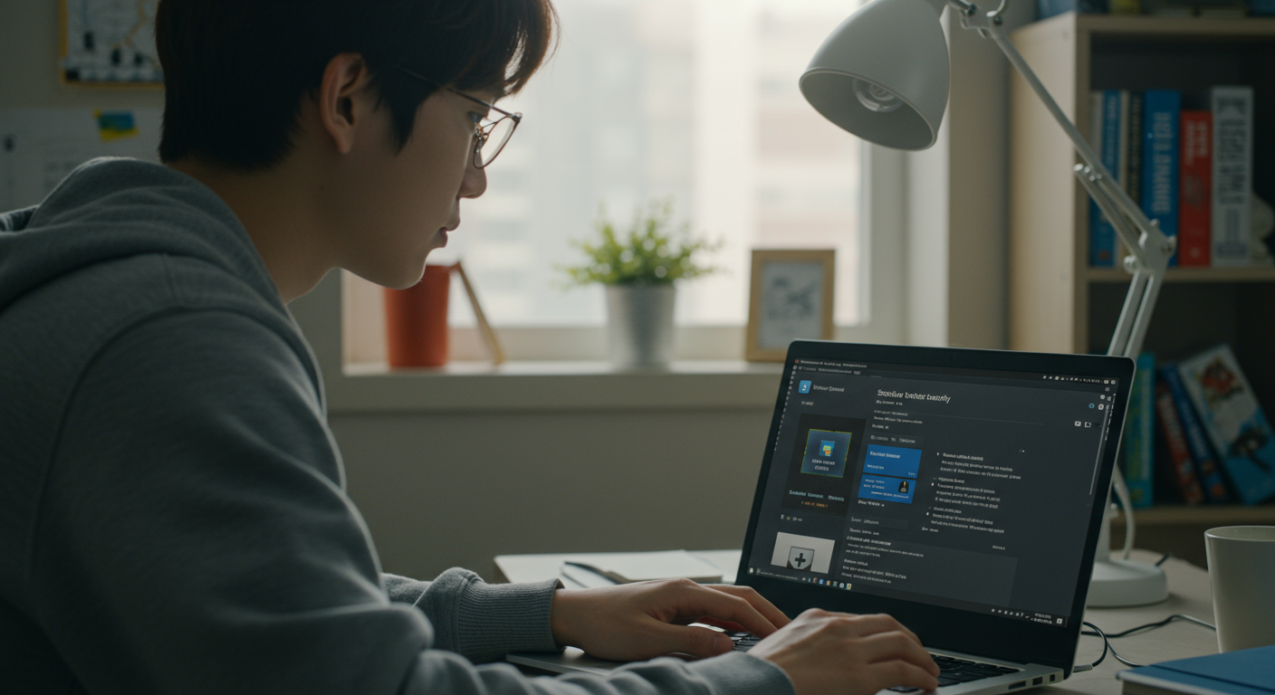 학생이 노트북에서 보안 프로세서 세부 정보를 확인하는 장면