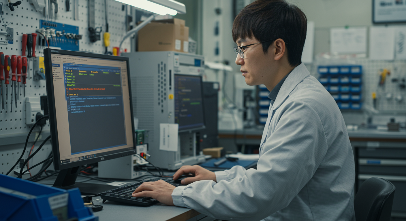 기술자가 데스크탑 컴퓨터의 BIOS 설정을 탐색하는 장면