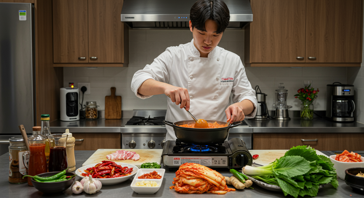 젊은 셰프가 현대적인 주방에서 김치찌개를 준비하는 모습