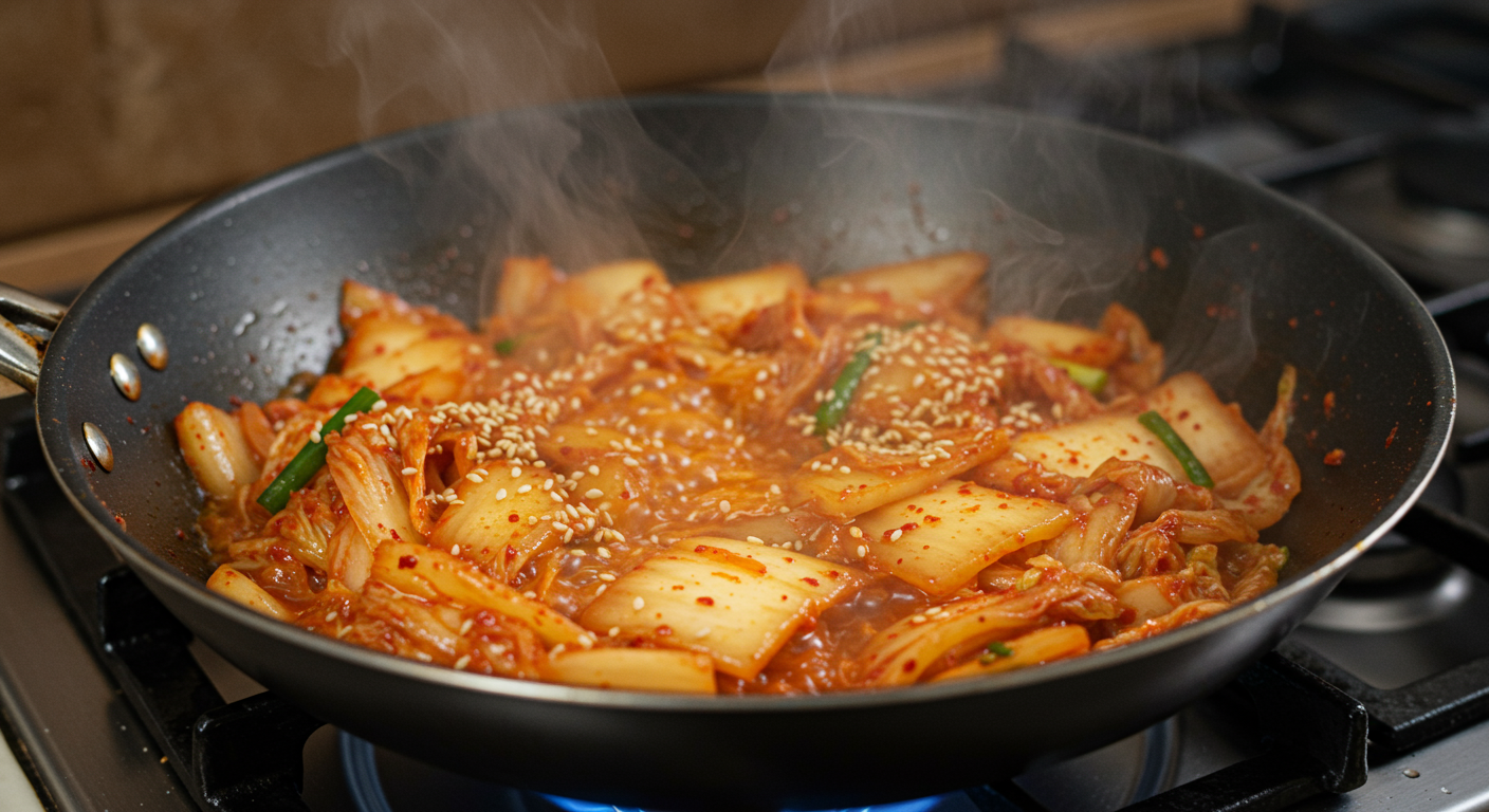 프라이팬에서 참기름과 맛술로 볶아지는 김치의 클로즈업