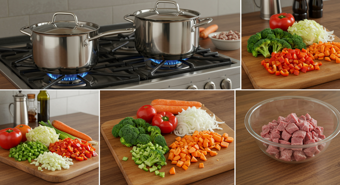 잘 정돈된 주방에서 채소와 고기가 준비된 상태로 조리 과정을 진행하는 장면