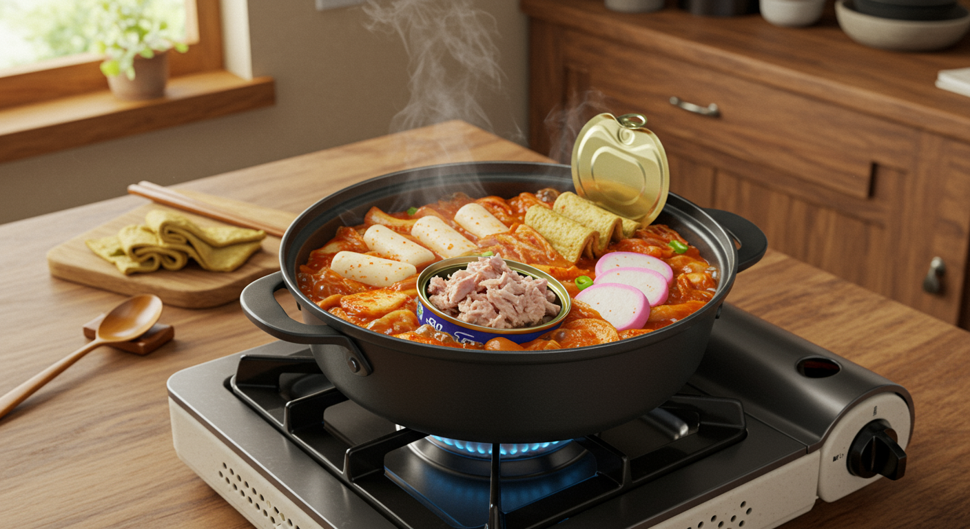 가정식 주방에서 참치캔과 어묵이 추가된 퓨전 스타일의 김치찌개