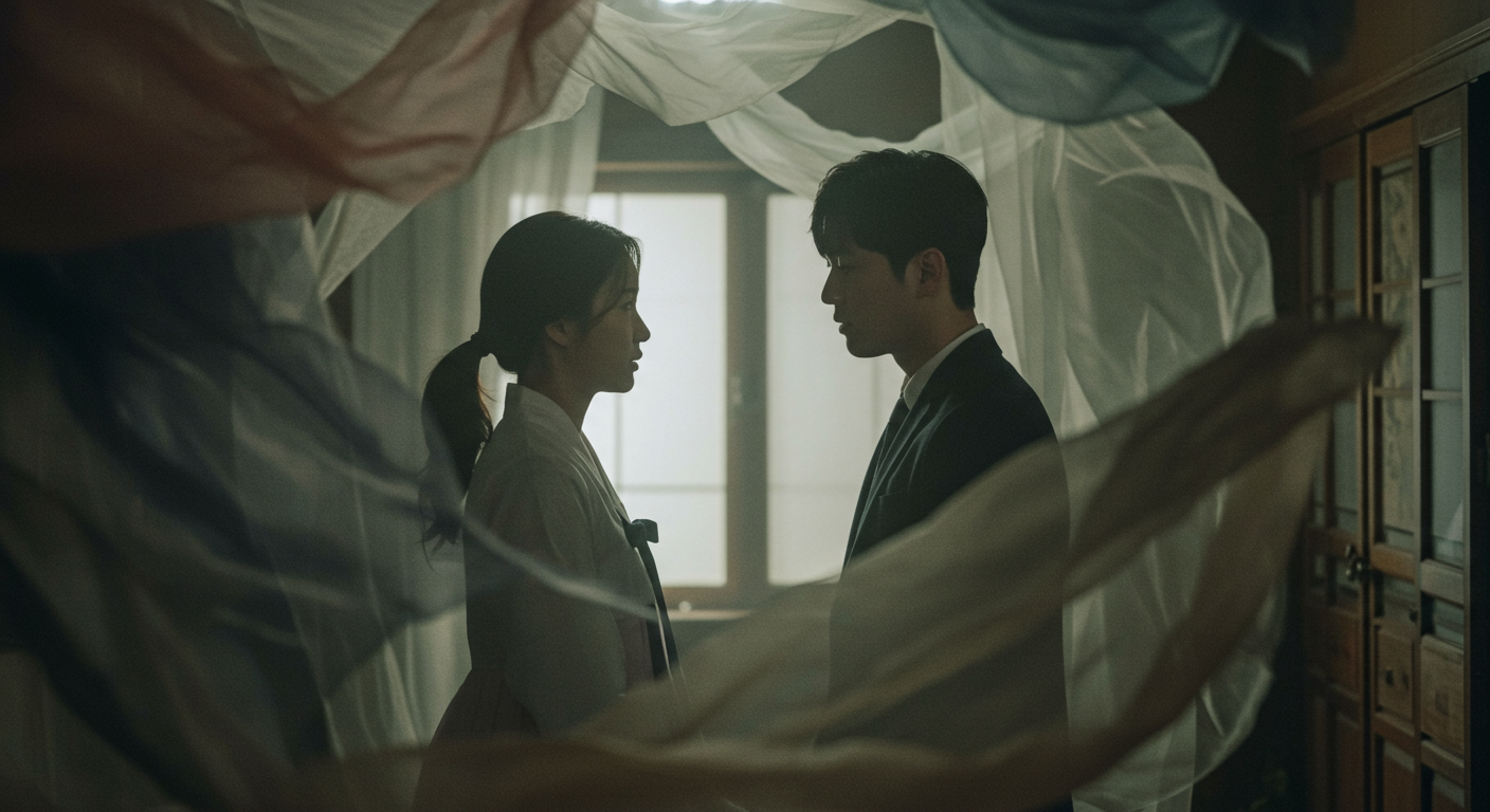 어두운 방에서 서로를 바라보는 한국인 부부와 삶의 환상을 나타내는 추상적인 베일