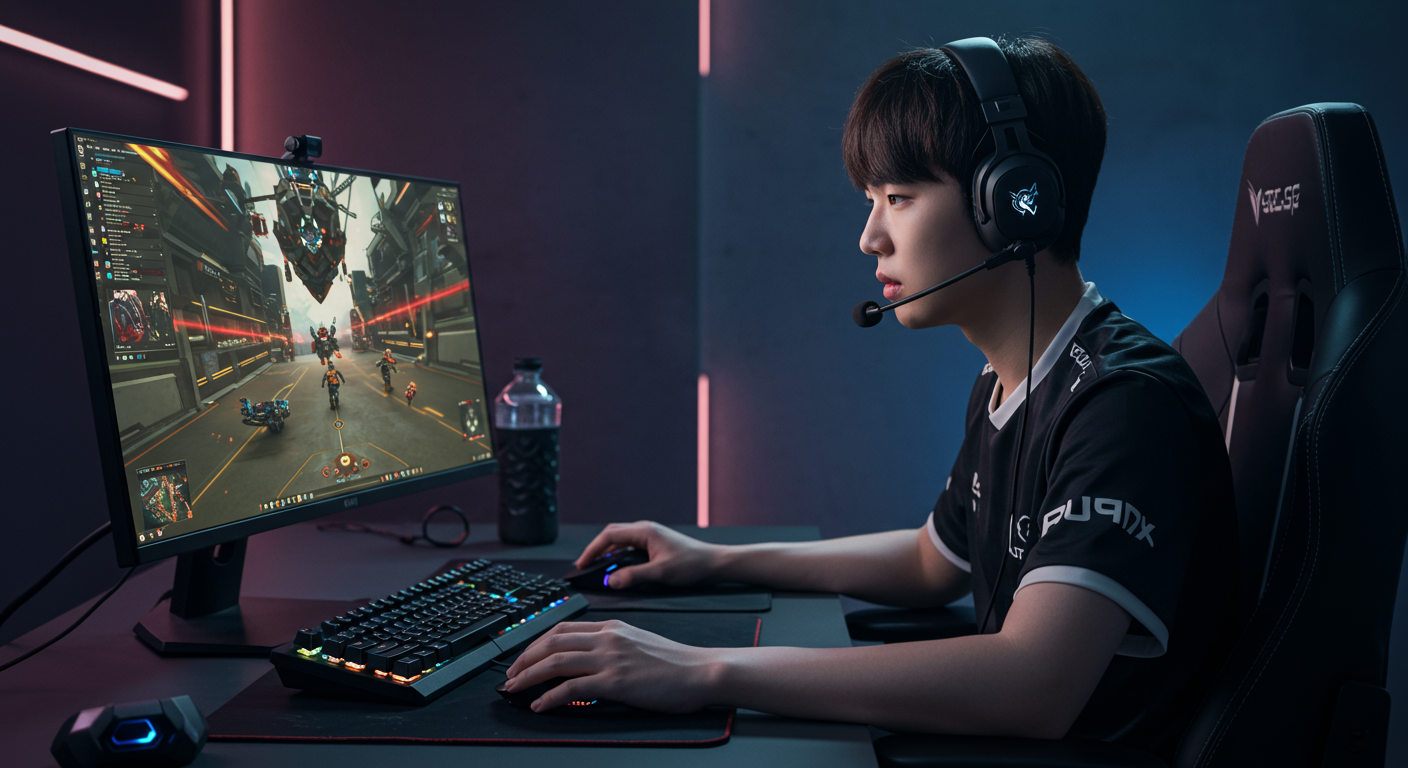컴퓨터 화면에서 TFT 게임에 몰입한 한국 게이머의 모습