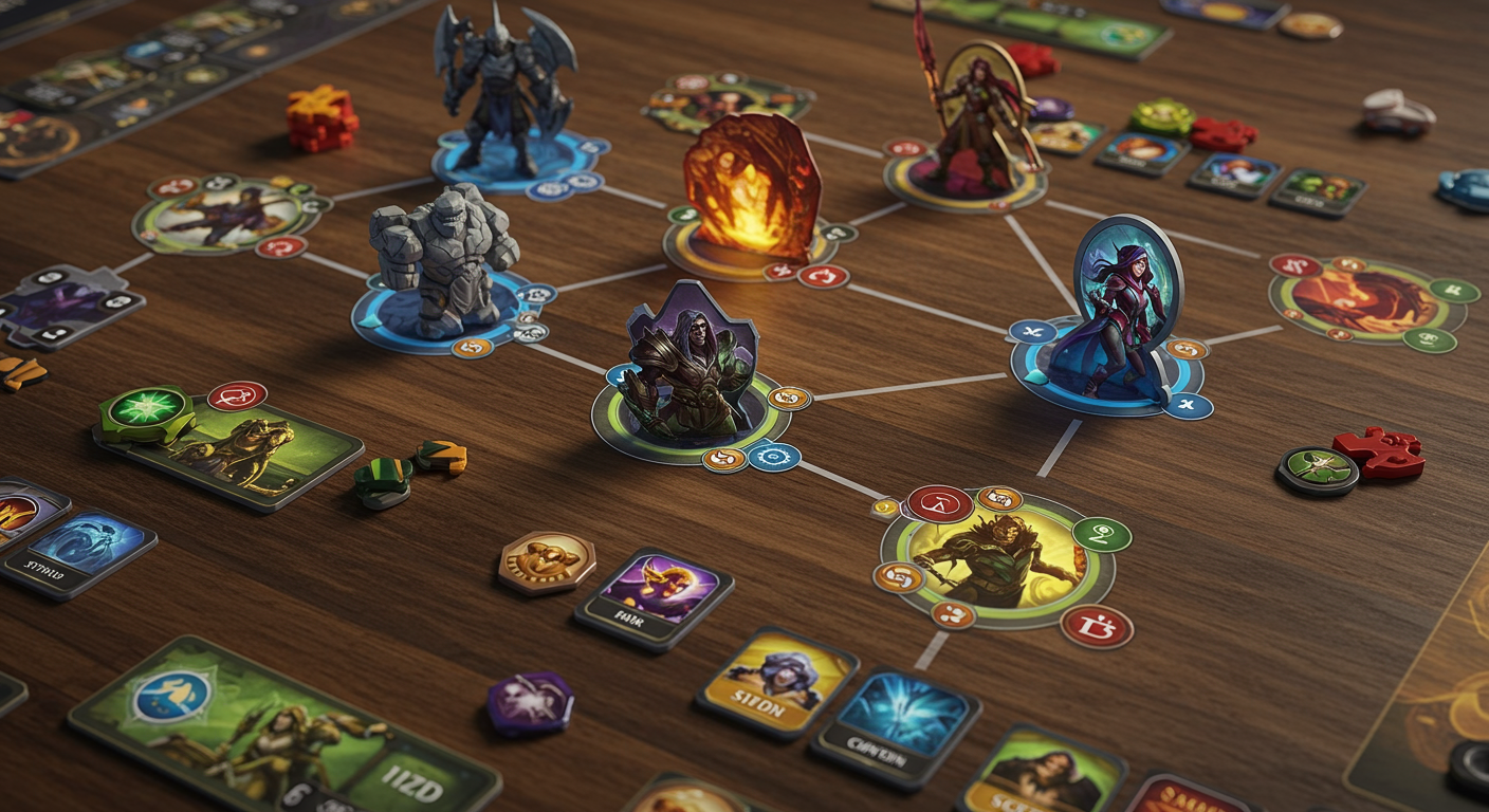 다양한 챔피언과 시너지 아이콘이 배치된 게임 보드