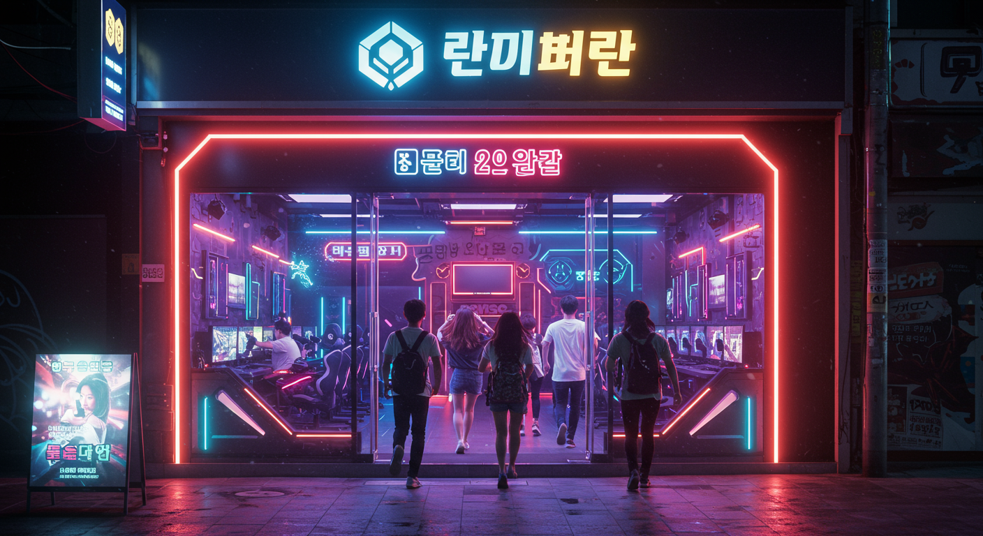 밤에 네온 불빛으로 장식된 현대적인 게임 PC방 입구와 그곳으로 들어가는 젊은 사람들