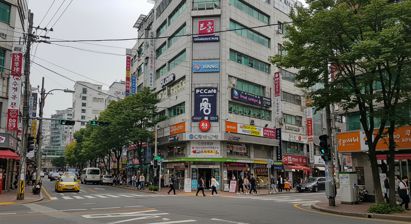 신대방역 근처 번화한 거리와 잘 보이는 대형 간판이 있는 PC카페 건물