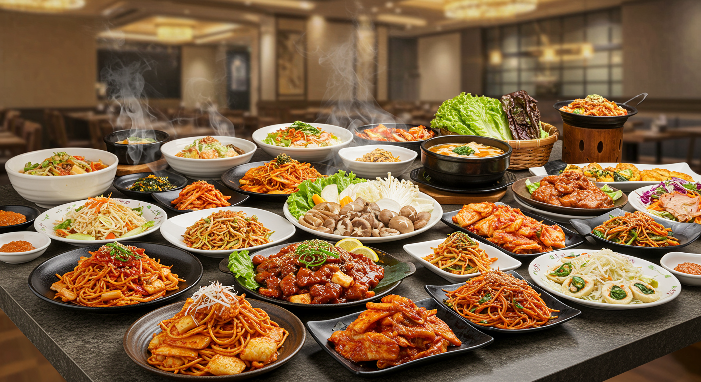 한식, 양식, 일식을 포함한 다양한 뷔페 요리가 진열된 모습