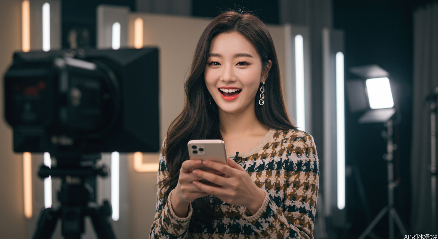 유튜브 촬영을 준비하며 휴대폰을 들고 있는 현대적 분위기의 배우 모습