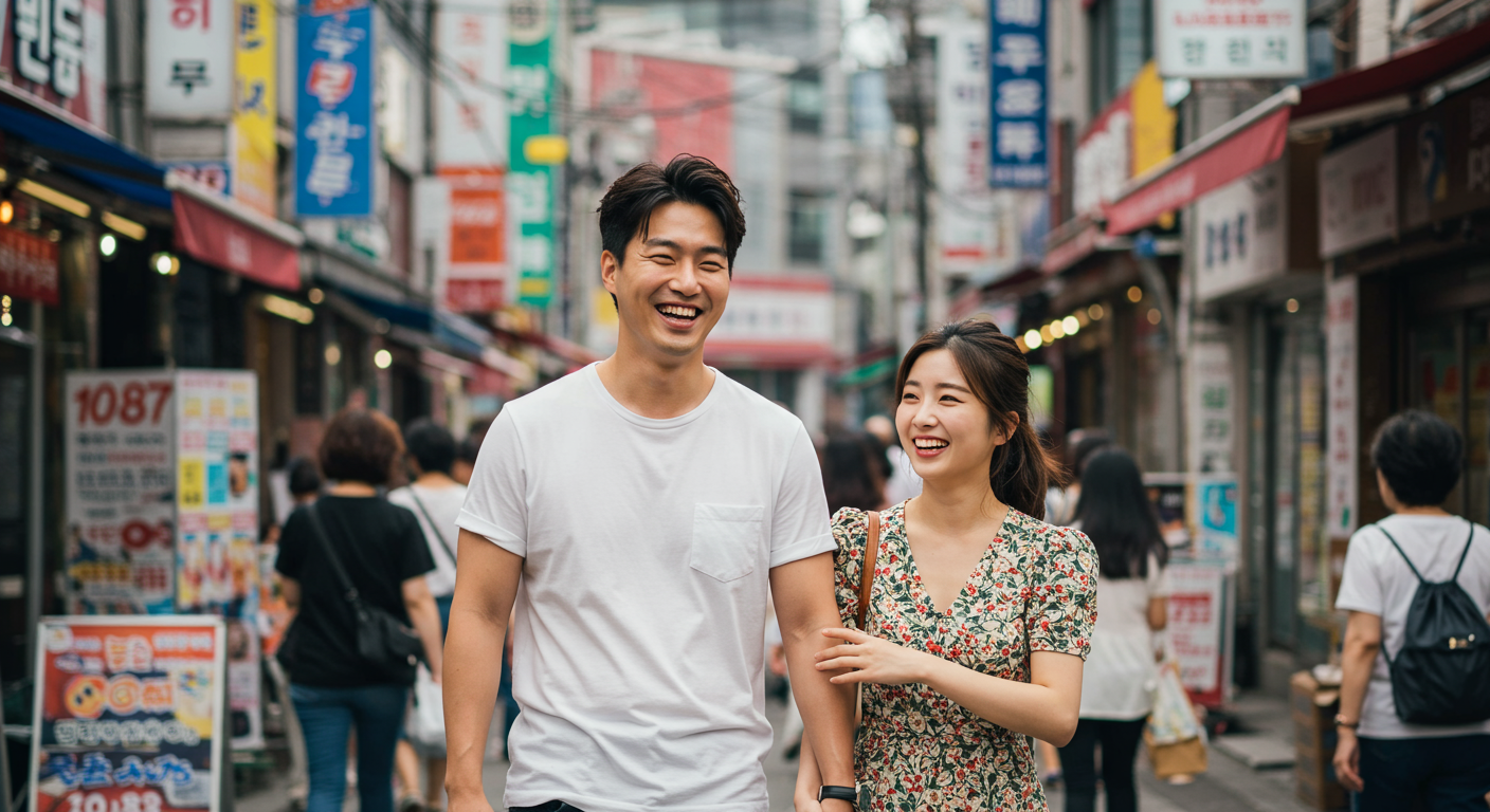 번화한 거리에서 손을 잡고 걷는 사랑스러운 커플의 모습