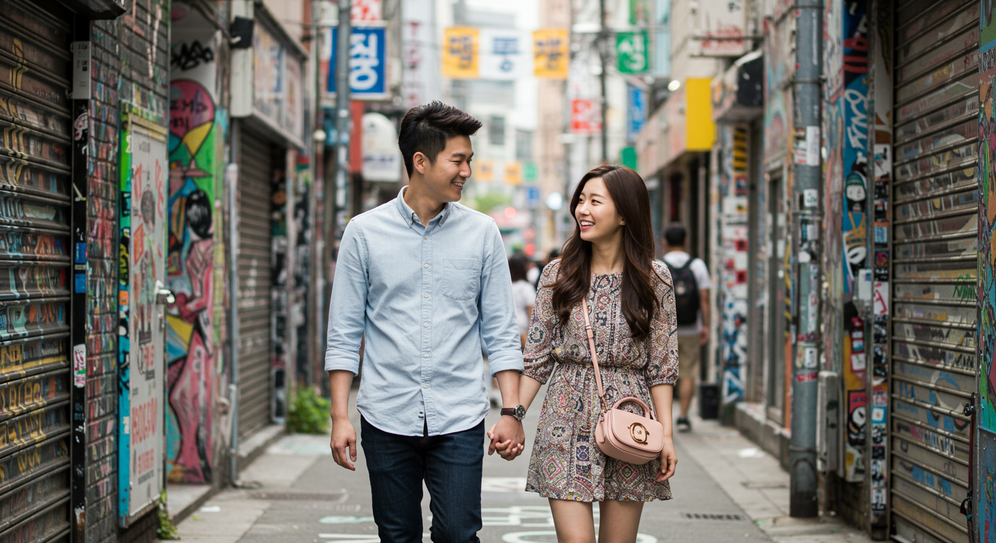 도심 속에서 손을 잡고 다정하게 걷는 현대적인 커플