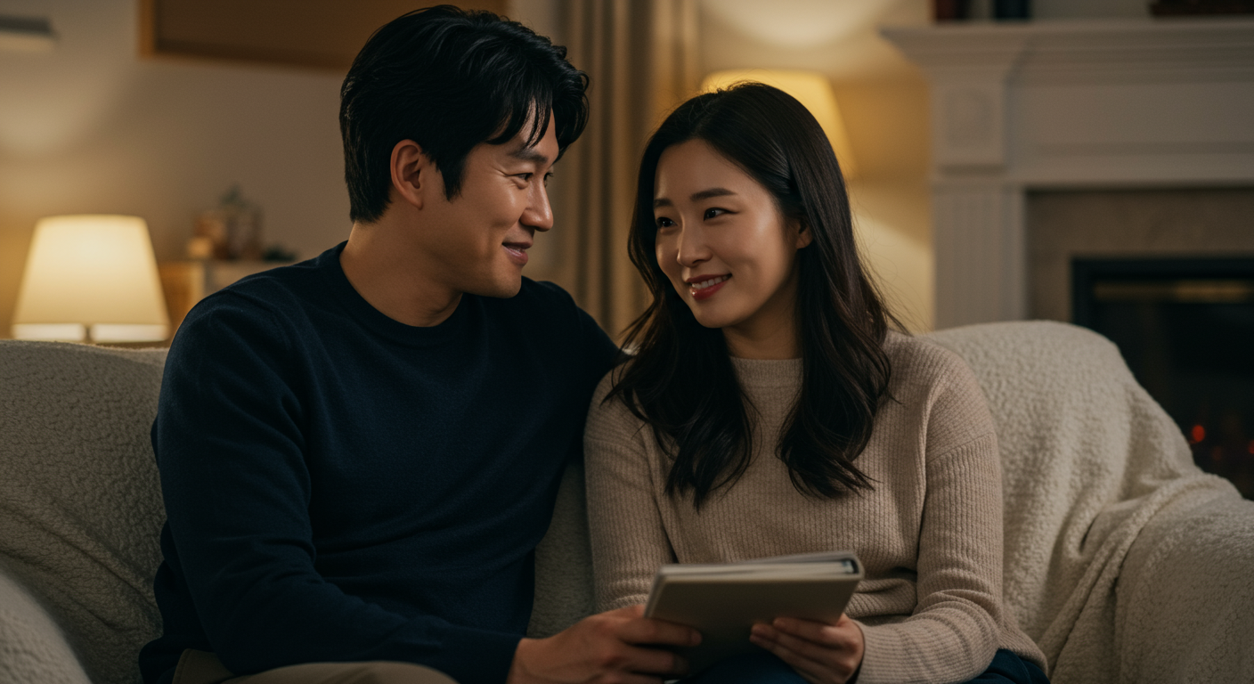 소파에 앉아 서로를 이해하고 존중하는 대화를 나누는 커플