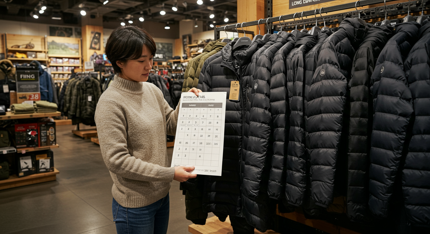 아웃도어 매장에서 롱다운 재킷의 다양한 사이즈를 비교하는 고객의 모습