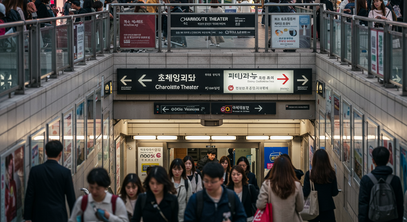 샤롯데씨어터 인근 지하철 역 입구와 극장 방향 표지판