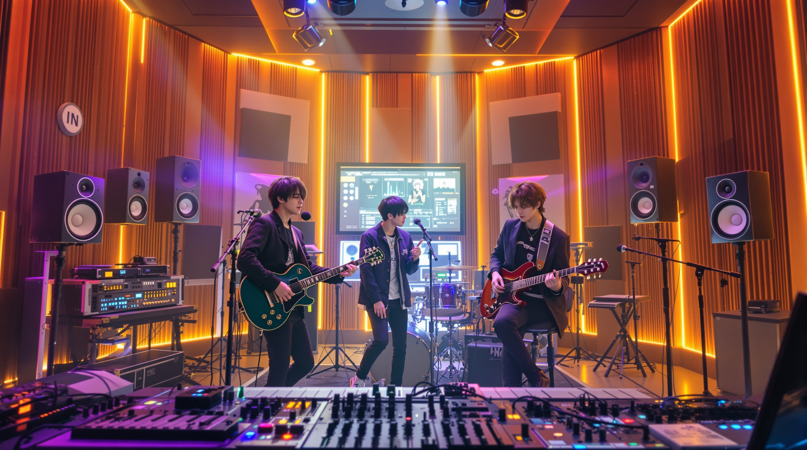 스트레이 키즈 멤버들이 첨단 스튜디오에서 OST 녹음 중인 모습