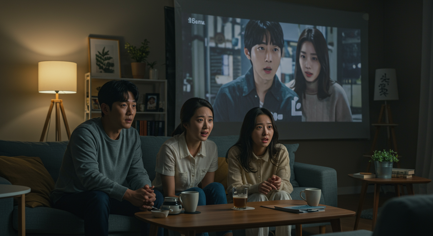 배우들이 거실에서 자신의 드라마를 감상하며 흐르는 음악을 듣는 장면