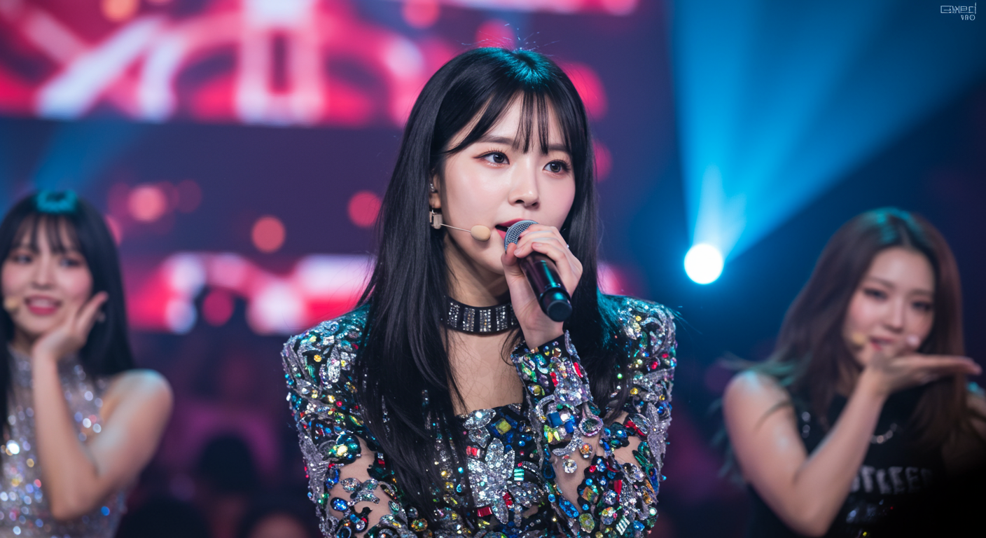 스테이씨 무대 위에서 화려한 조명과 함께 노래하는 메인보컬의 모습