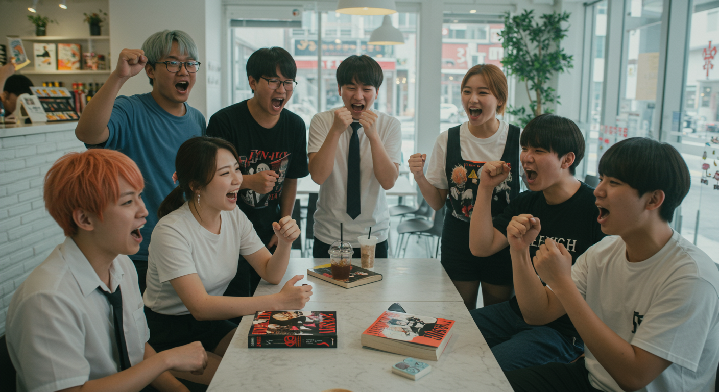 현대적인 카페에서 체인소맨 시즌 2의 공식 발표에 대해 열정적으로 이야기하는 팬들