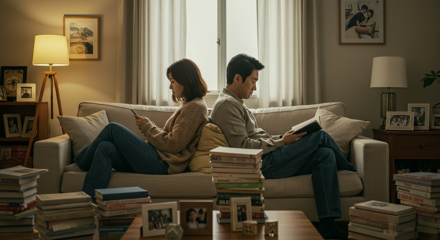 서로 등 돌린 채 개인 물건들 사이에 앉아 있는 한국 커플의 단절된 분위기