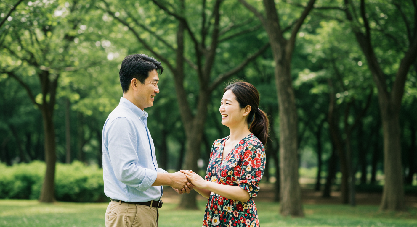 공원에서 우호적인 대화를 나누는 이혼한 한국 커플