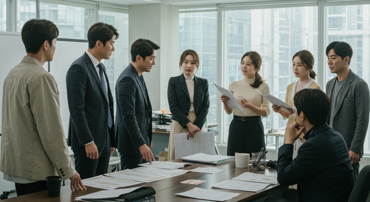 현대적 사무실에서 드라마 시리즈의 제작자와 배우들이 역할에 대해 논의하는 장면