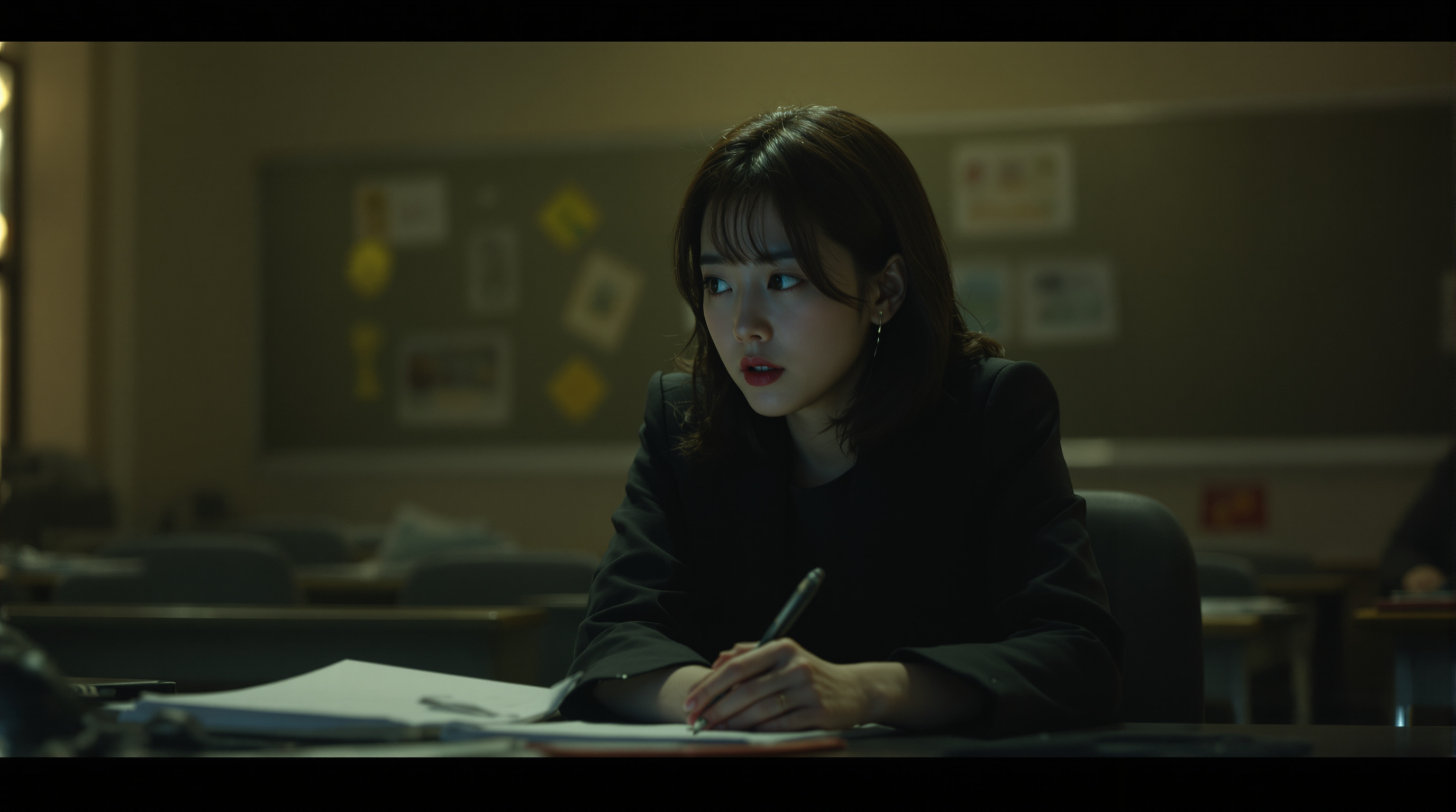 어두운 조명 속 신비로운 고등학교 교사로 분한 한국 여배우의 모습