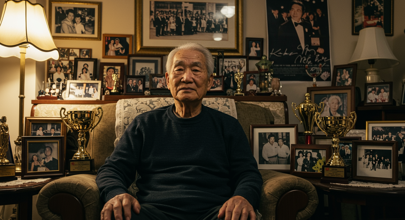 과거 경력을 회상하며 아늑한 거실에서 상과 기념품에 둘러싸인 채 앉아 있는 노배우