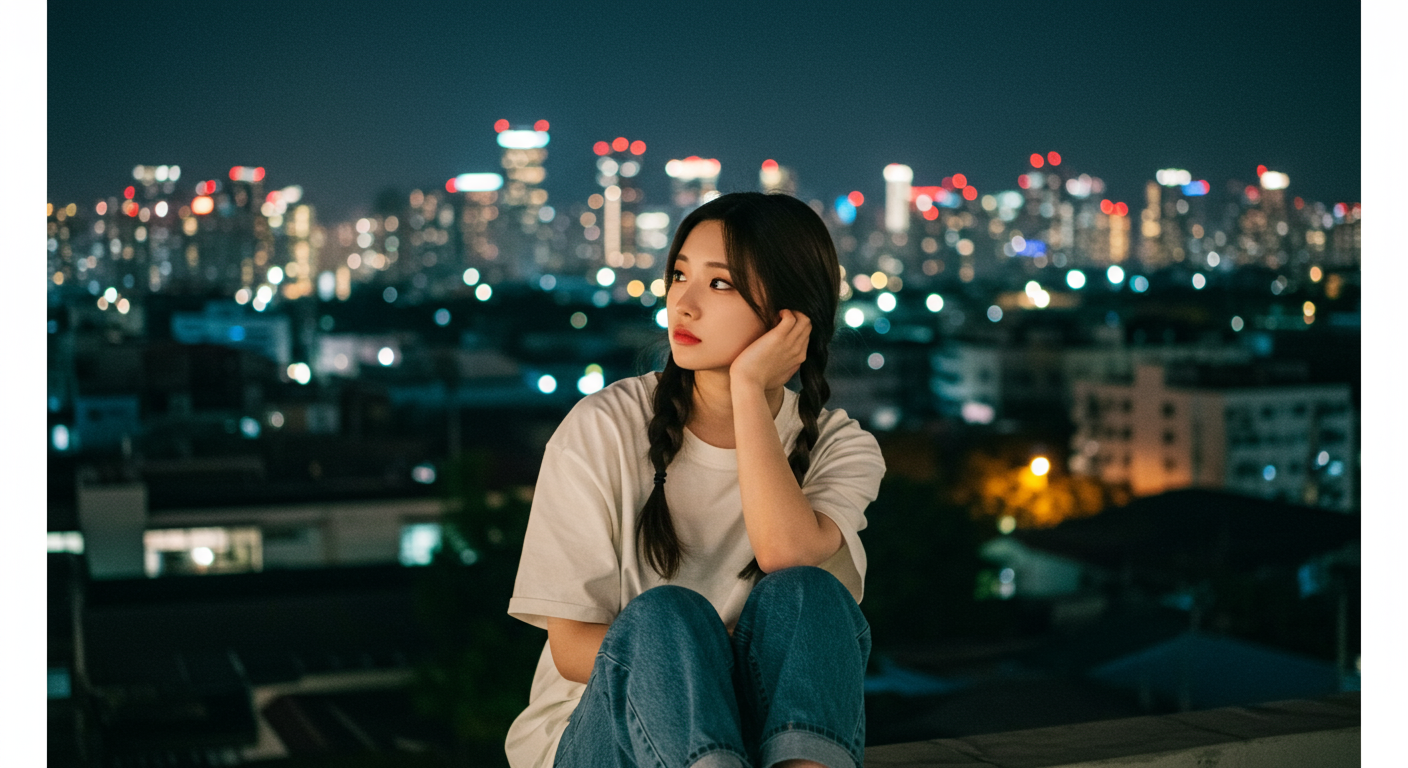 한밤 중 도시 불빛 아래에서 미래를 고민하는 한국 아이돌