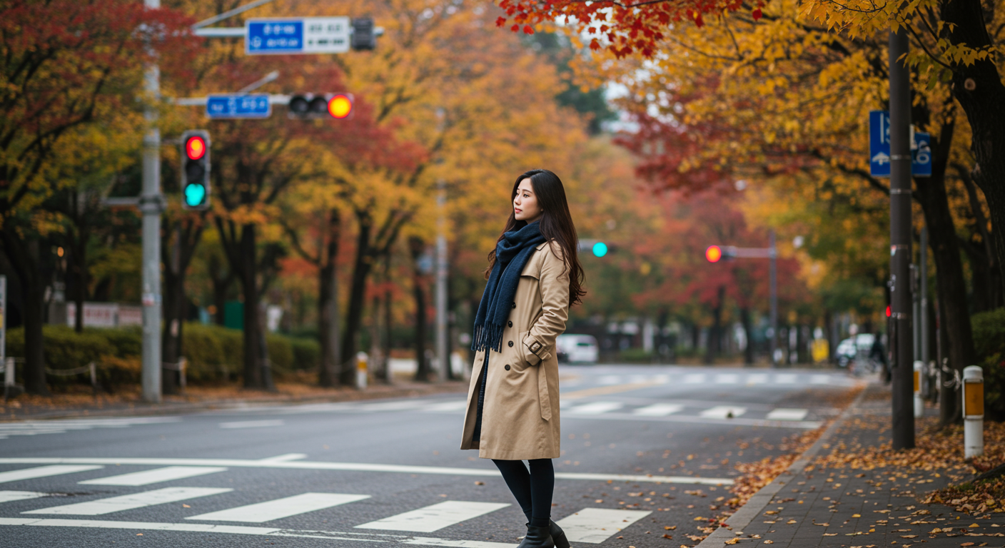 가을 도심 속 갈림길에 서 있는 젊은 여성의 모습