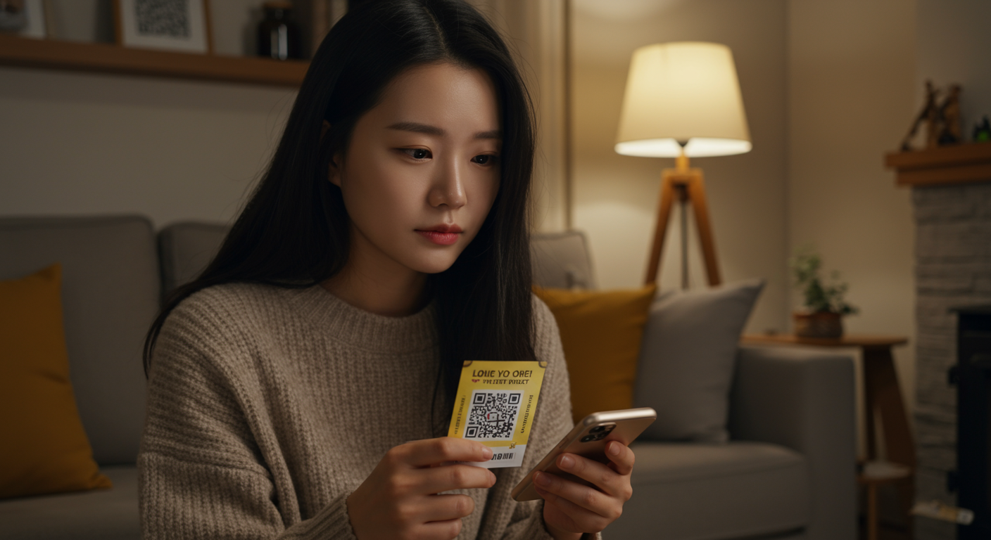 편안한 거실에서 스마트폰으로 로또 용지의 QR코드를 스캔하는 여성