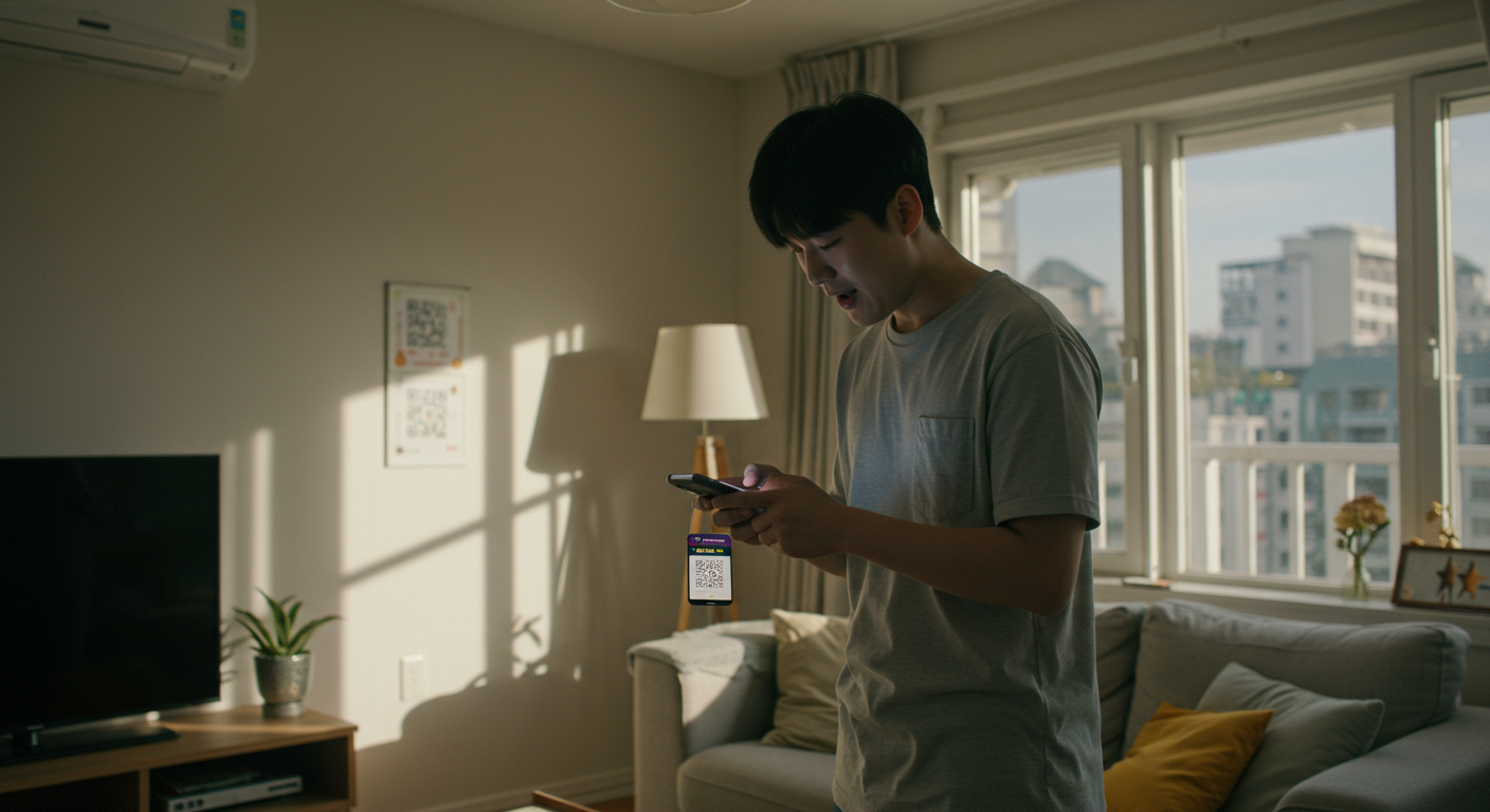 집에서 스마트폰 카메라로 로또 용지의 QR코드를 스캔하는 젊은 남성