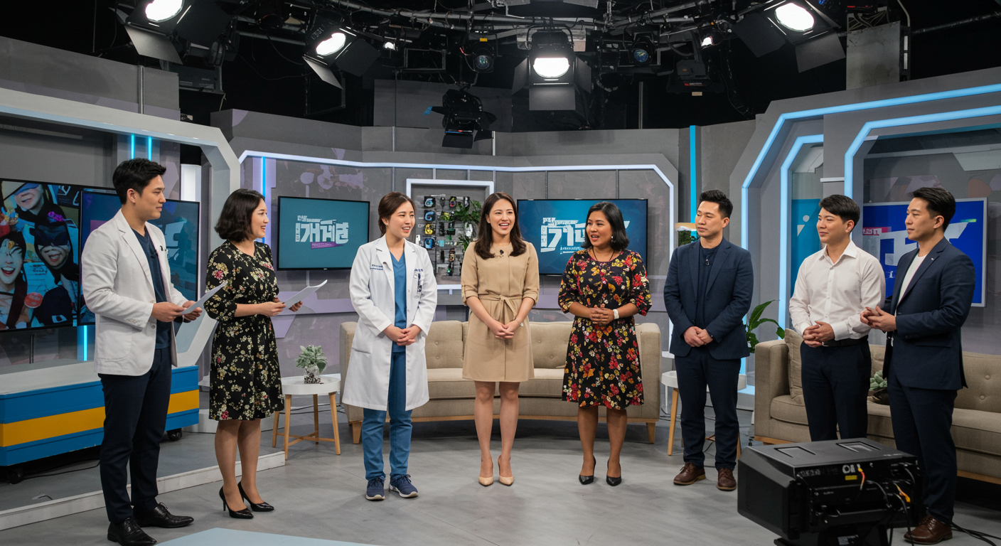 다양한 직업군의 젊은 출연자들이 모여 있는 현대적인 한국 TV 스튜디오