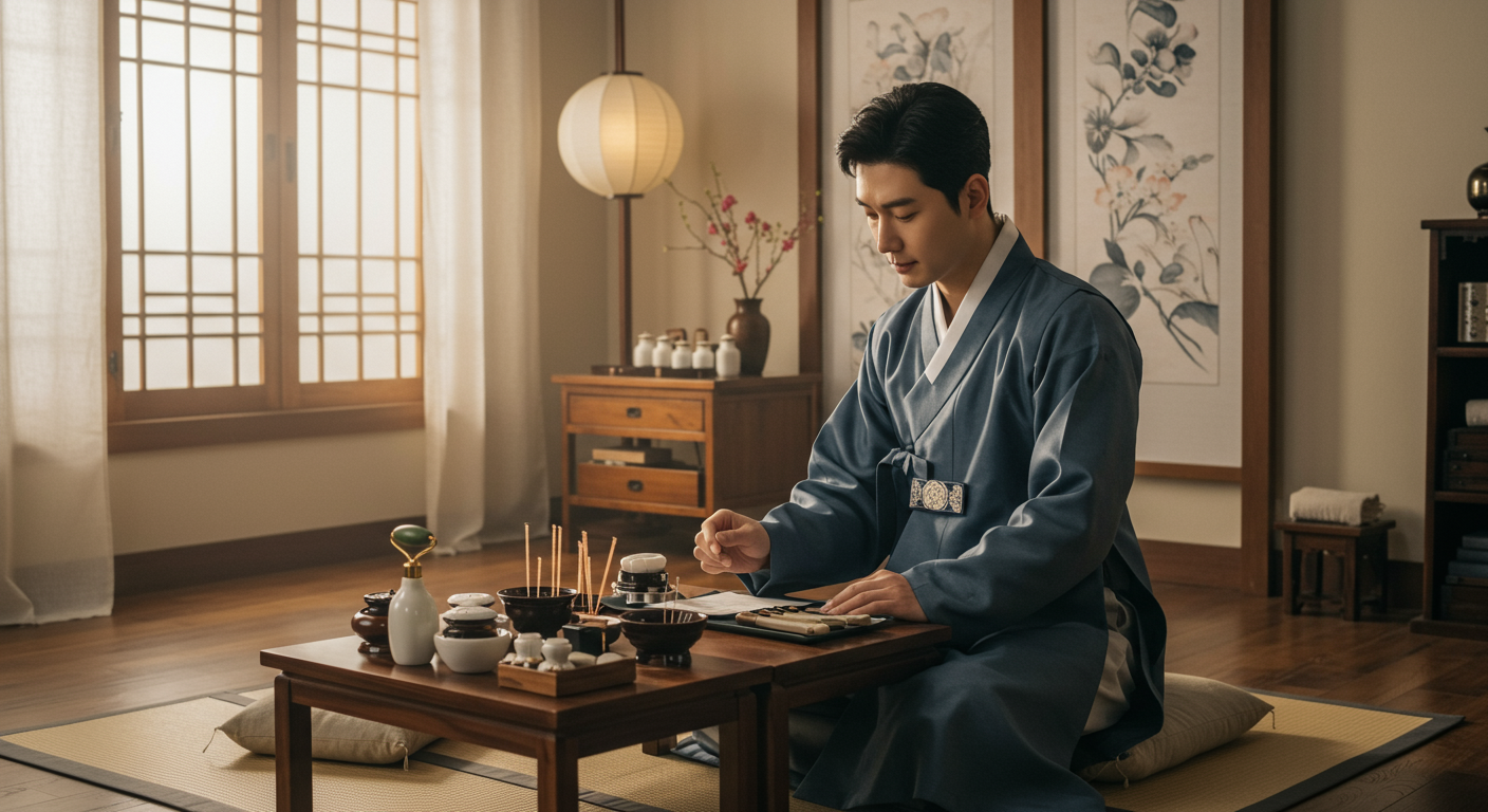 차분한 분위기의 한방 클리닉에서 환자를 돌보는 남성 한의사