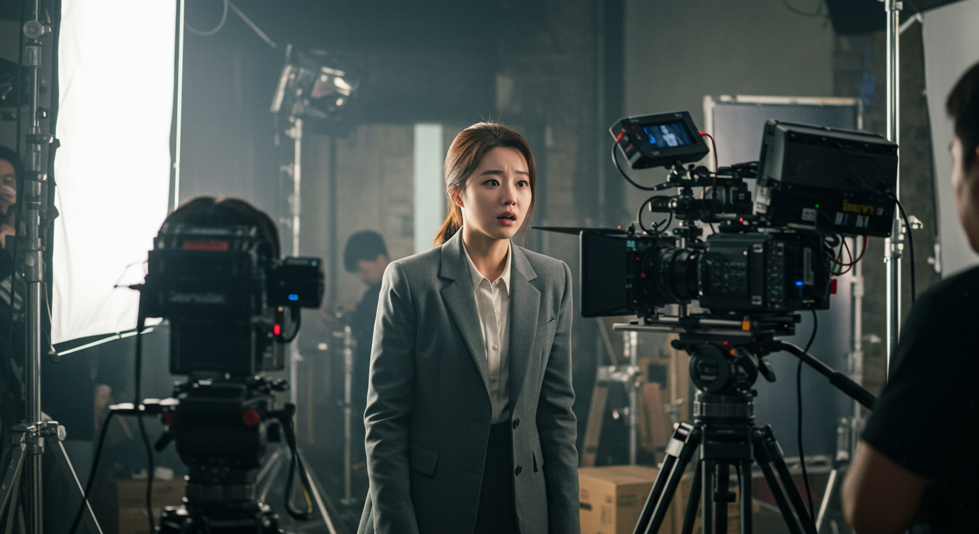 촬영 현장에서 자연스럽게 감정을 표현하는 젊은 여배우