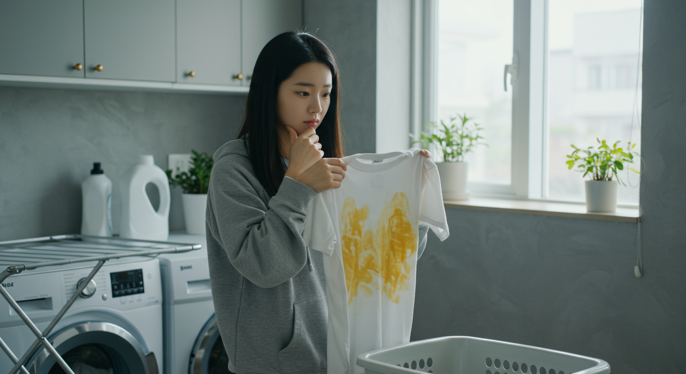 현대적인 여성이 집에서 누런 얼룩이 있는 흰 티셔츠를 보고 고민하는 모습