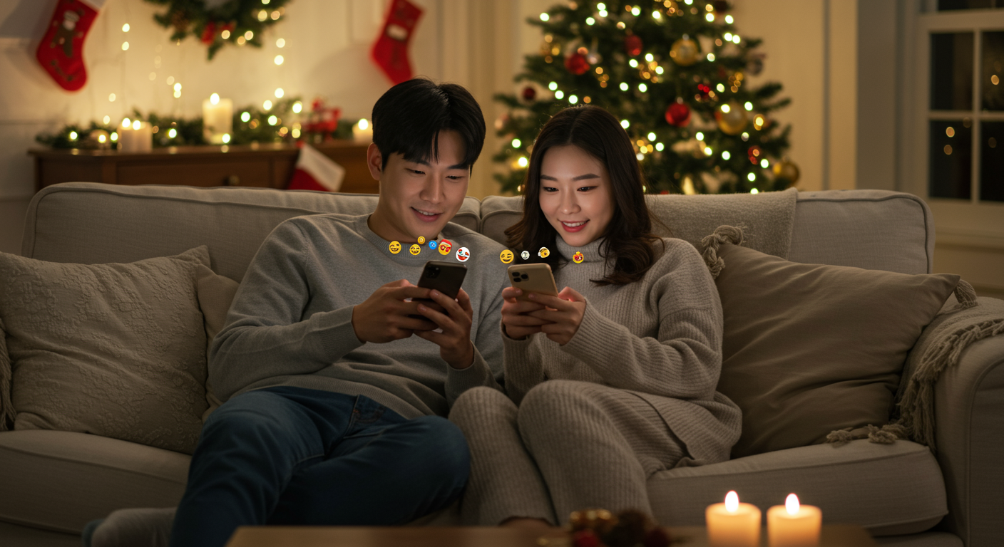 소파에 앉아 다양한 이모티콘이 담긴 메시지를 보내는 젊은 커플