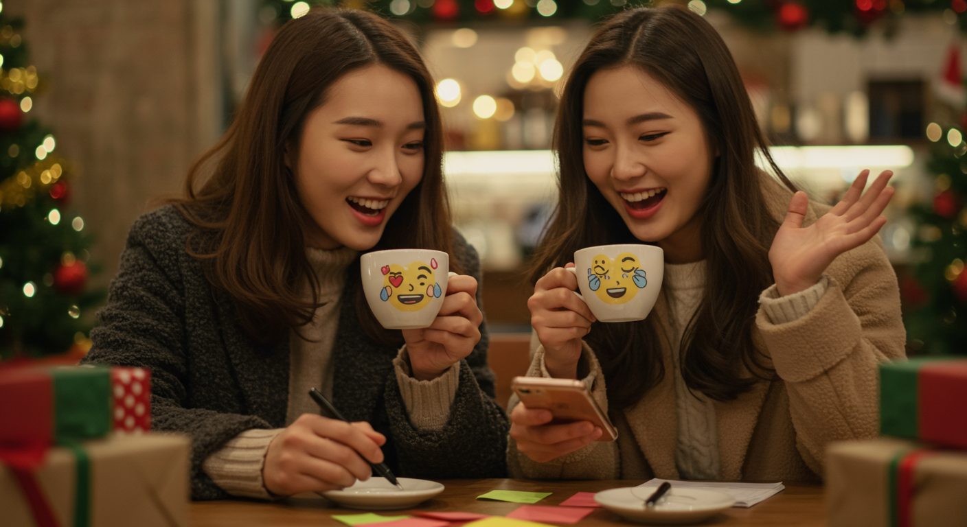 카페에서 커피를 마시며 창의적인 이모티콘 조합을 논의하는 두 친구