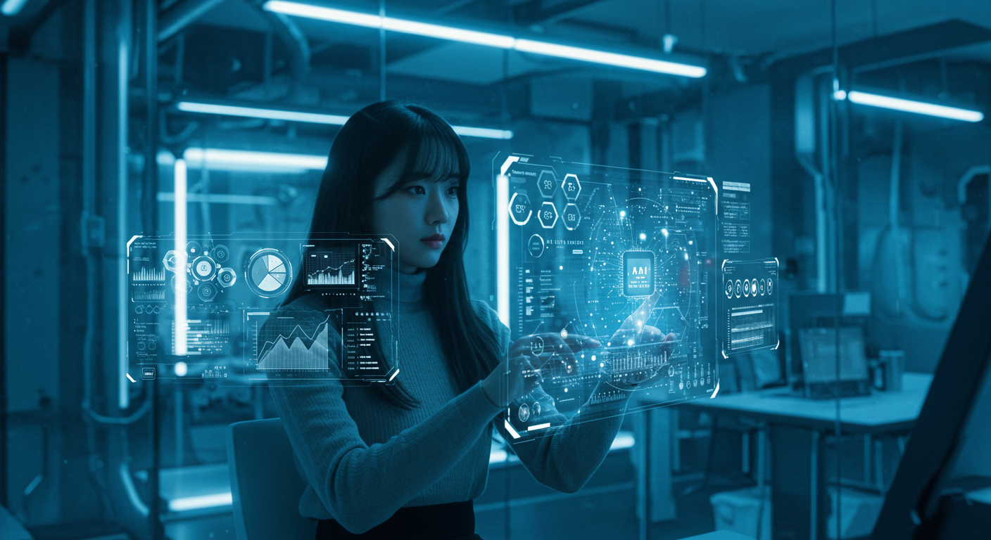 AI 기술 인터페이스가 보이는 미래지향적 오피스에서 데이터 분석 중인 젊은 전문가