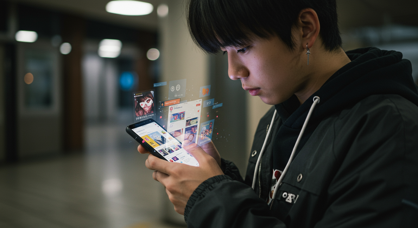 스마트폰을 들고 SNS 소식에 몰두한 현대적인 청소년