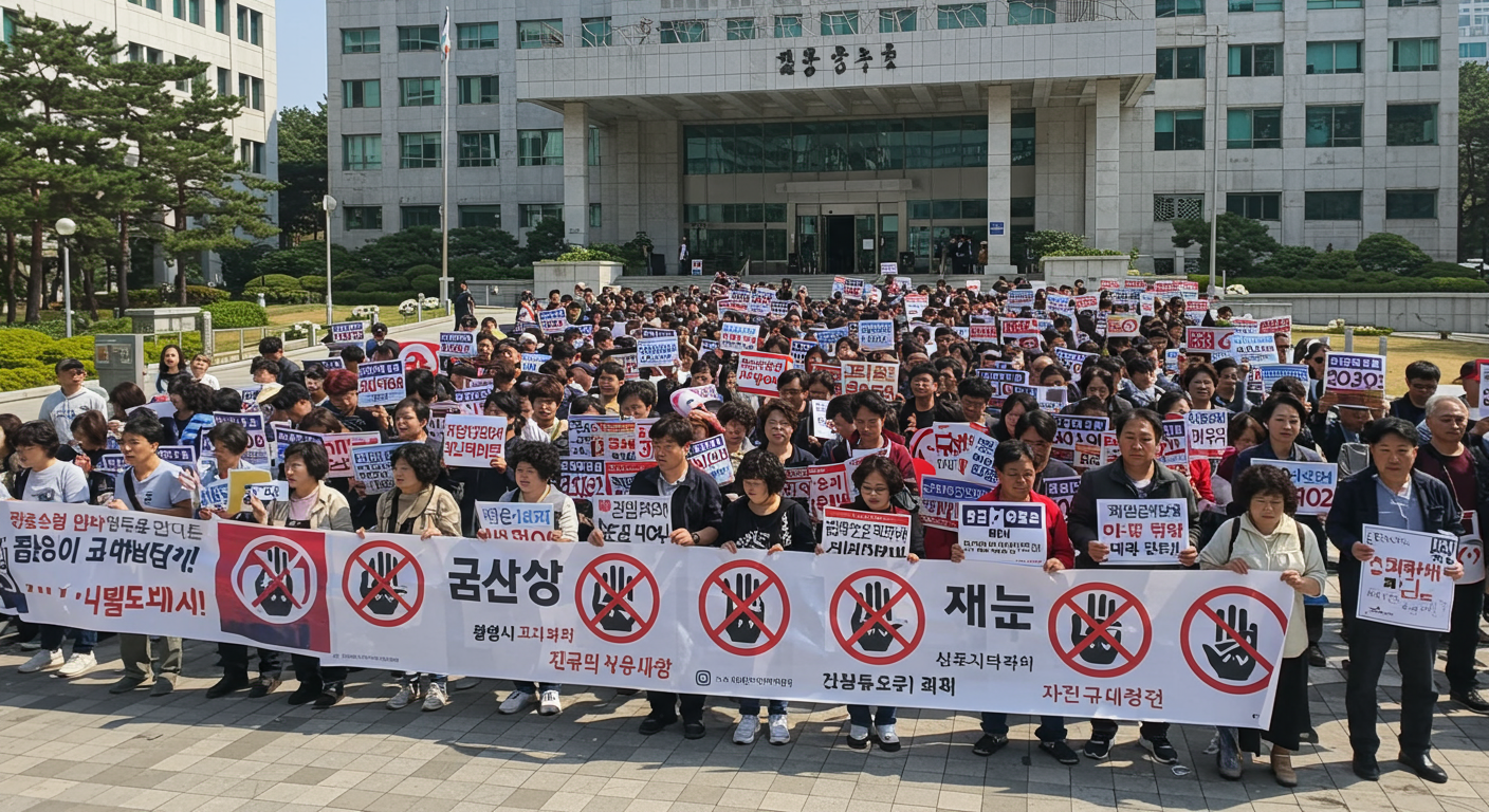 정부 청사 앞에서 금지된 손 모양 표시가 있는 피켓을 들고 있는 시위대