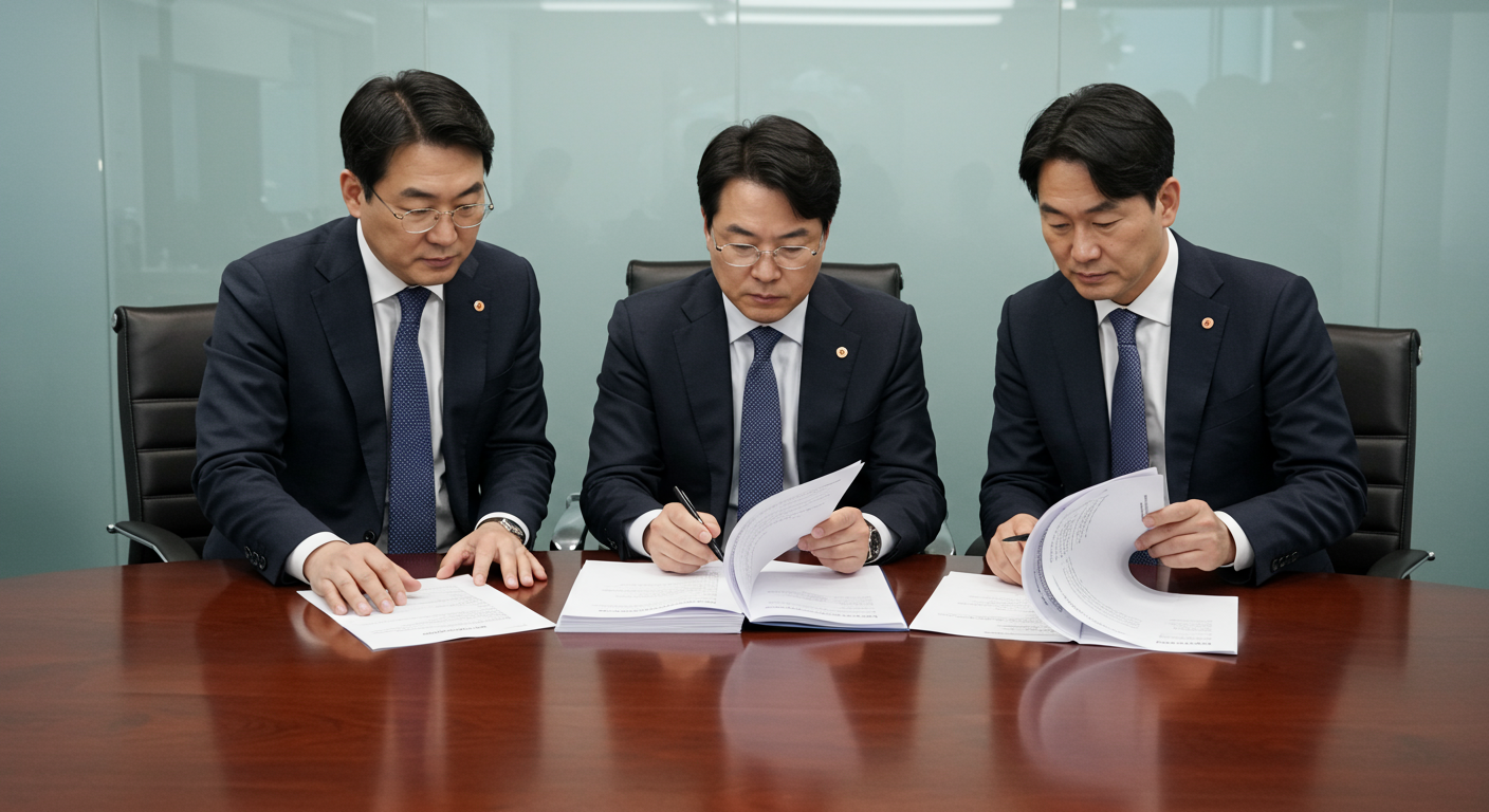 회의실에서 인터넷 규제 관련 법률 문서를 검토하는 비즈니스 인들의 진지한 모습
