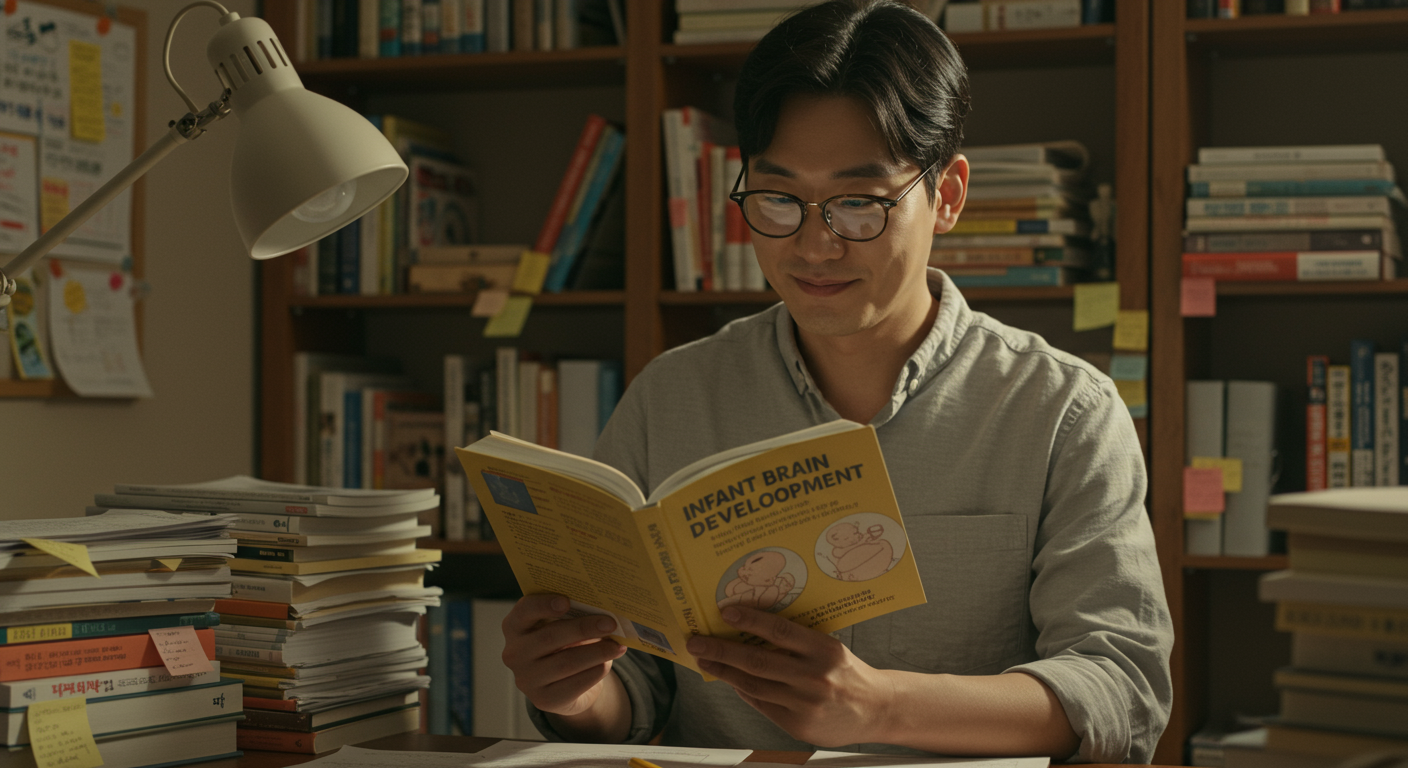 아기 발달에 관한 책을 읽는 한국인 아빠