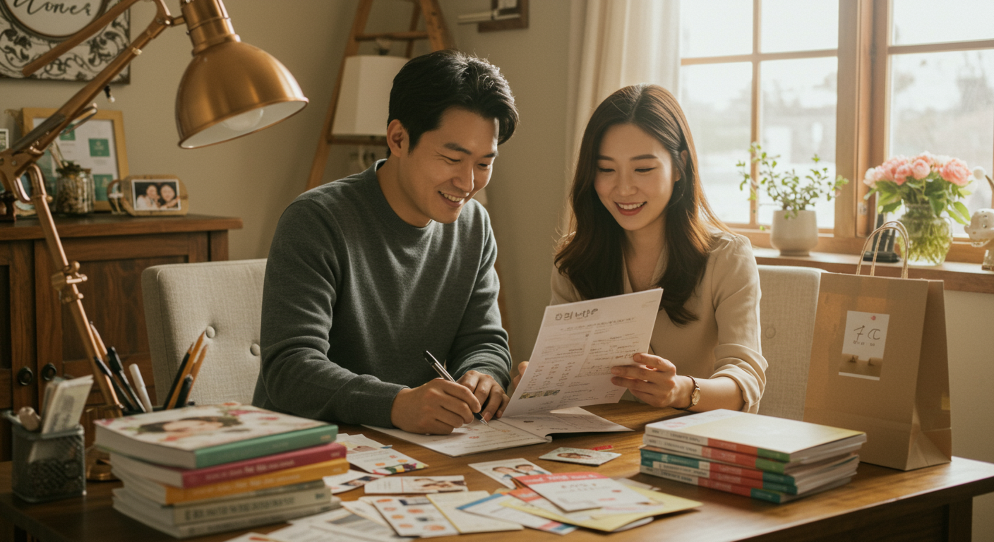 한국 커플이 아늑한 사무실에서 웨딩 체크리스트를 검토하는 모습