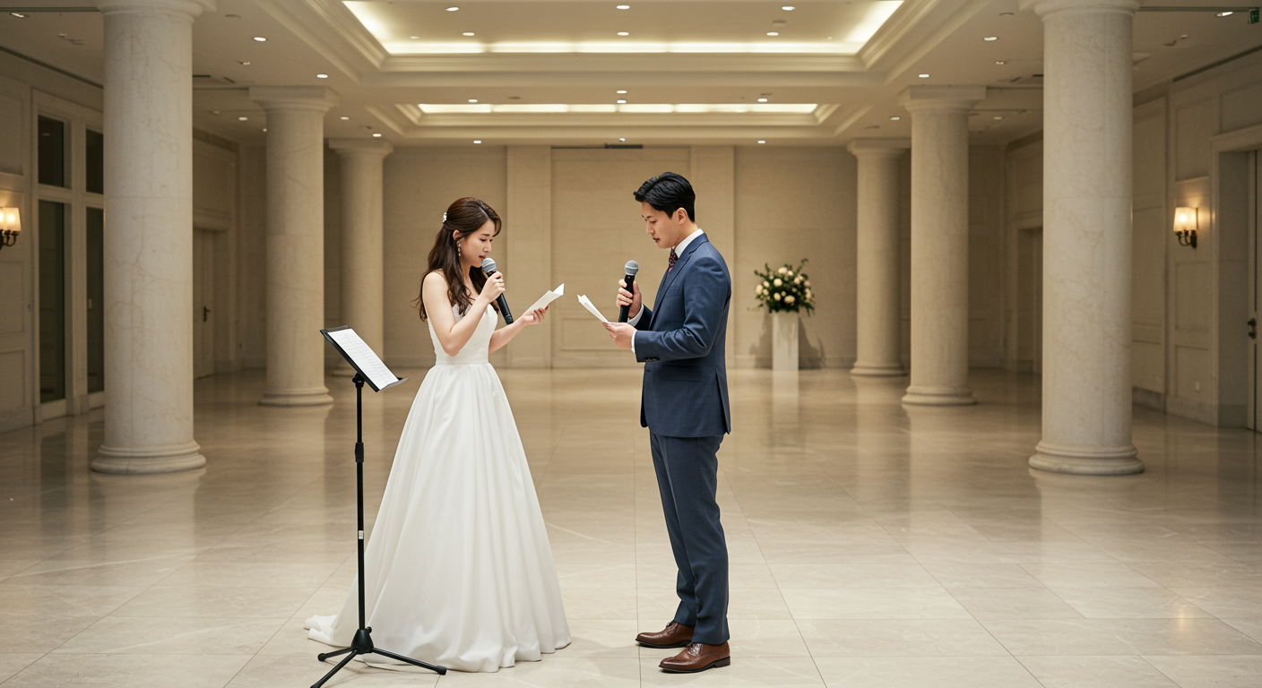 빈 웨딩홀에서 마이크로 서약서를 연습하는 신랑신부 모습