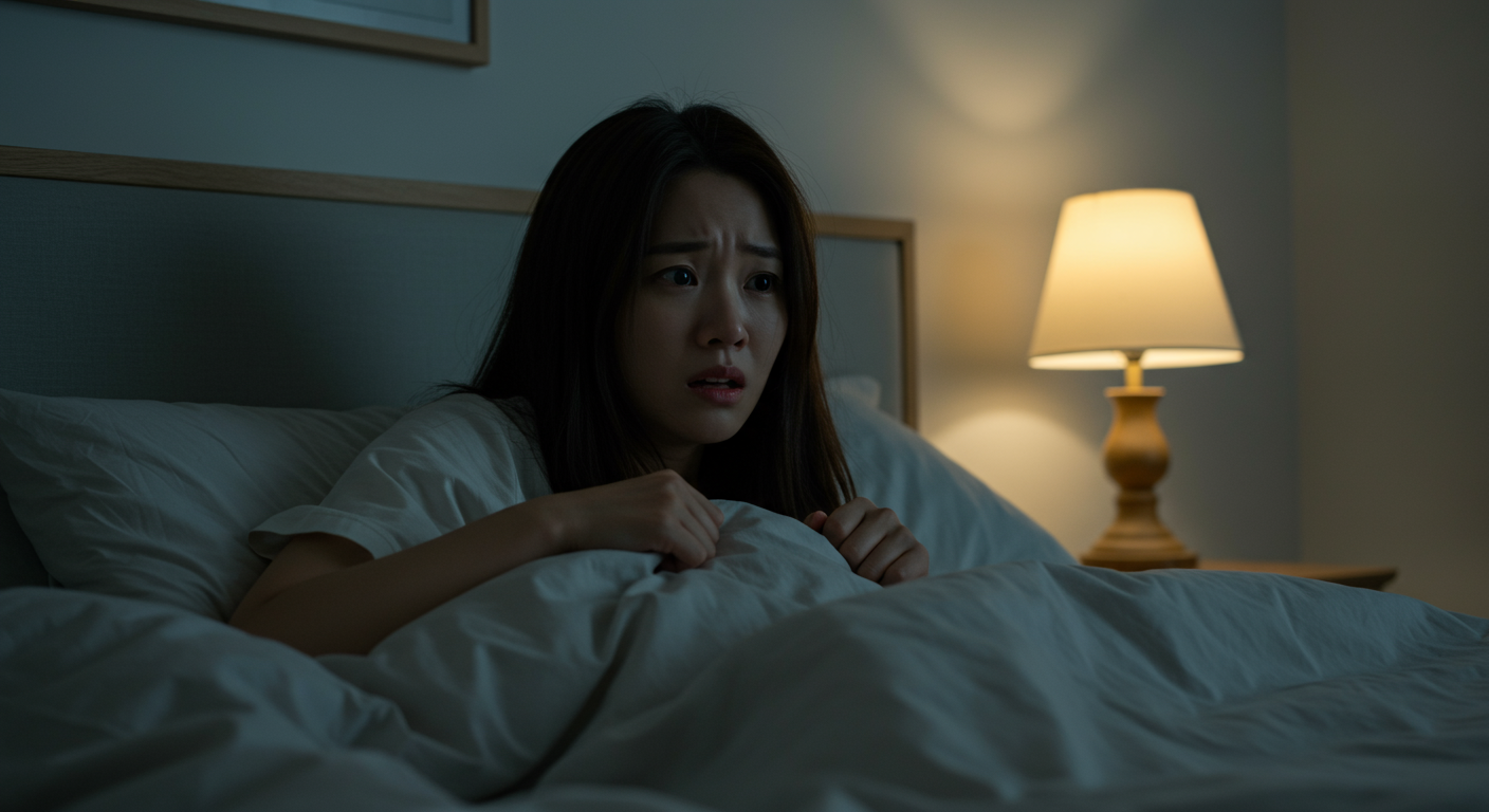 어두운 방에서 치아가 빠지는 꿈을 꾸고 놀라서 깨어난 사람의 모습