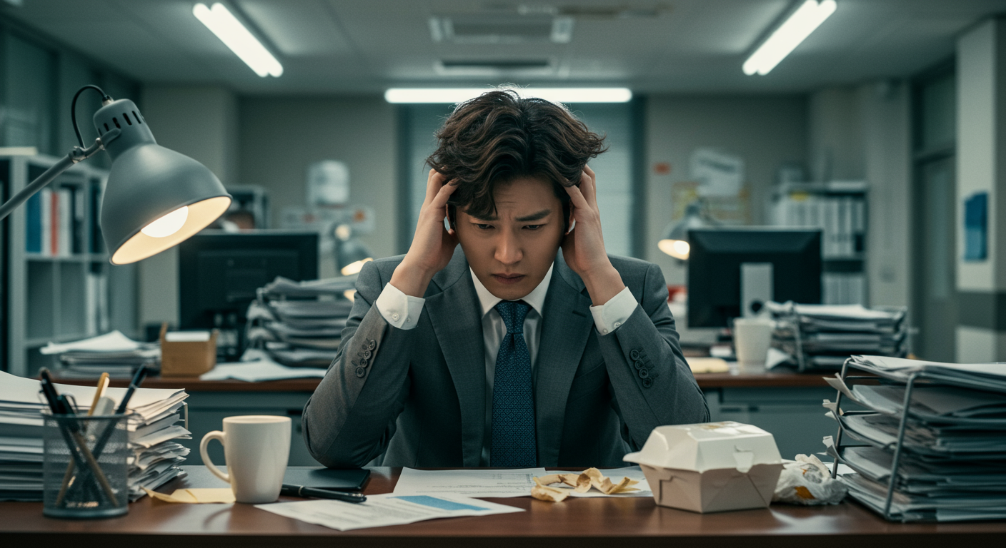 직장에서 정체성 혼란을 겪으며 책상에 앉아 있는 직장인의 모습