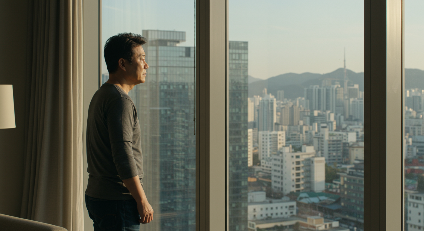 현대식 아파트 창문 밖을 보며 삶의 변화를 고민하는 중년의 모습