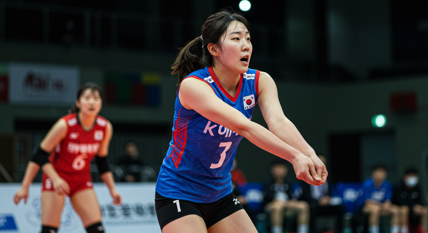 젊은 여자 배구 선수가 경기 중 빠른 토스를 시도하는 모습