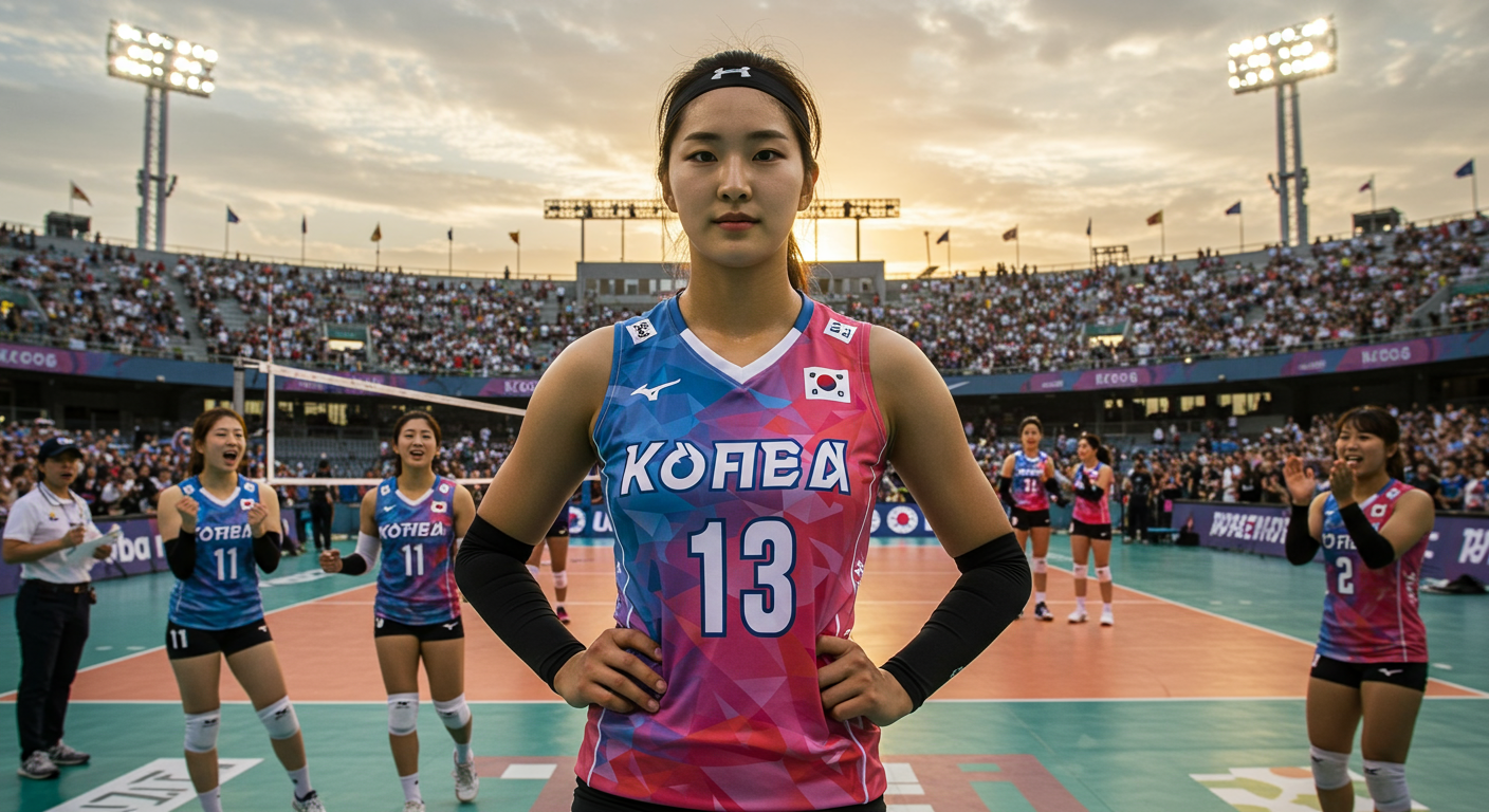 실력과 매력을 갖춘 젊은 여자 배구 선수가 코트 위에서 포즈를 취하는 장면